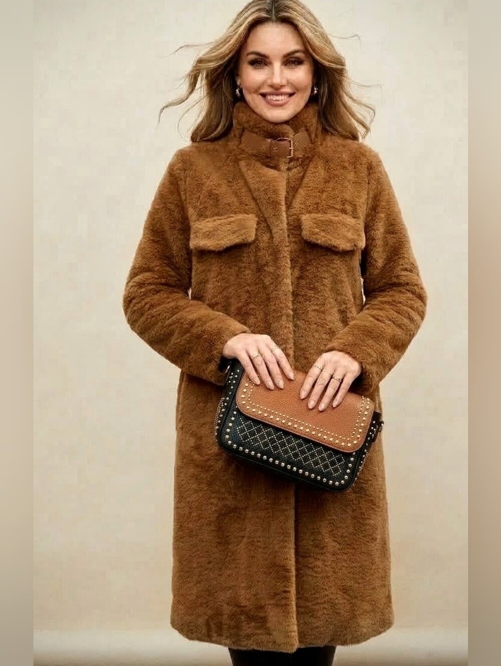 Emery Rose Camel Faux FurBuckle Collar Coat, Size XL